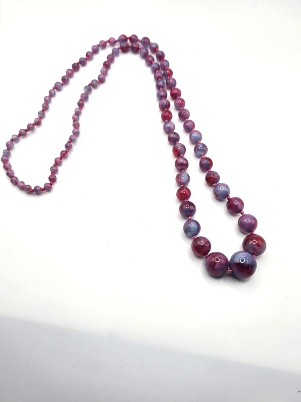 Antique Art Deco Marbled Glass Bead Necklace Graduated Purple Pink Blue 30"